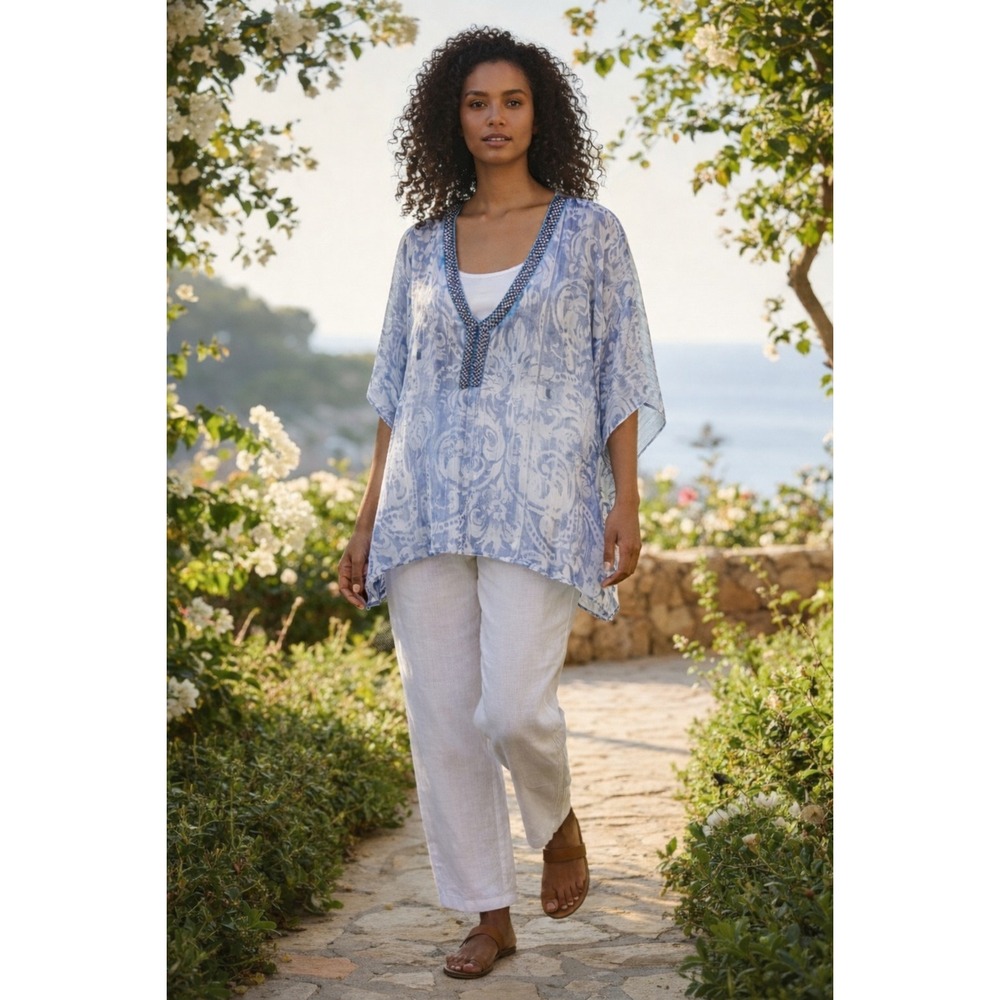 Chicos Boho Beachy Semi Sheer Blouse Beaded Chiffon Peasant Flowy Oversized S/M